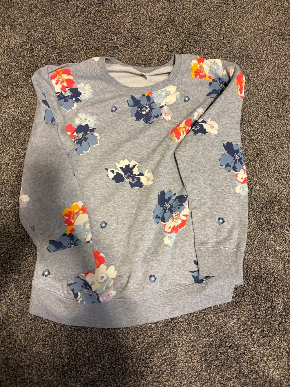 Old Navy Heather Gray Floral Pullover Sweatshirt with Blue and Coral Accents